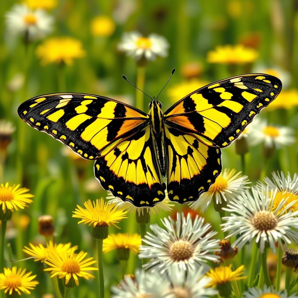 Ethereal Zebra Butterfly in Vibrant Dandelion Field