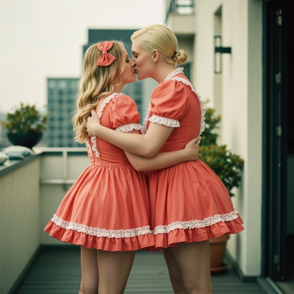 Crossdressing Couple Hugging on Terrace in Cinematic Style