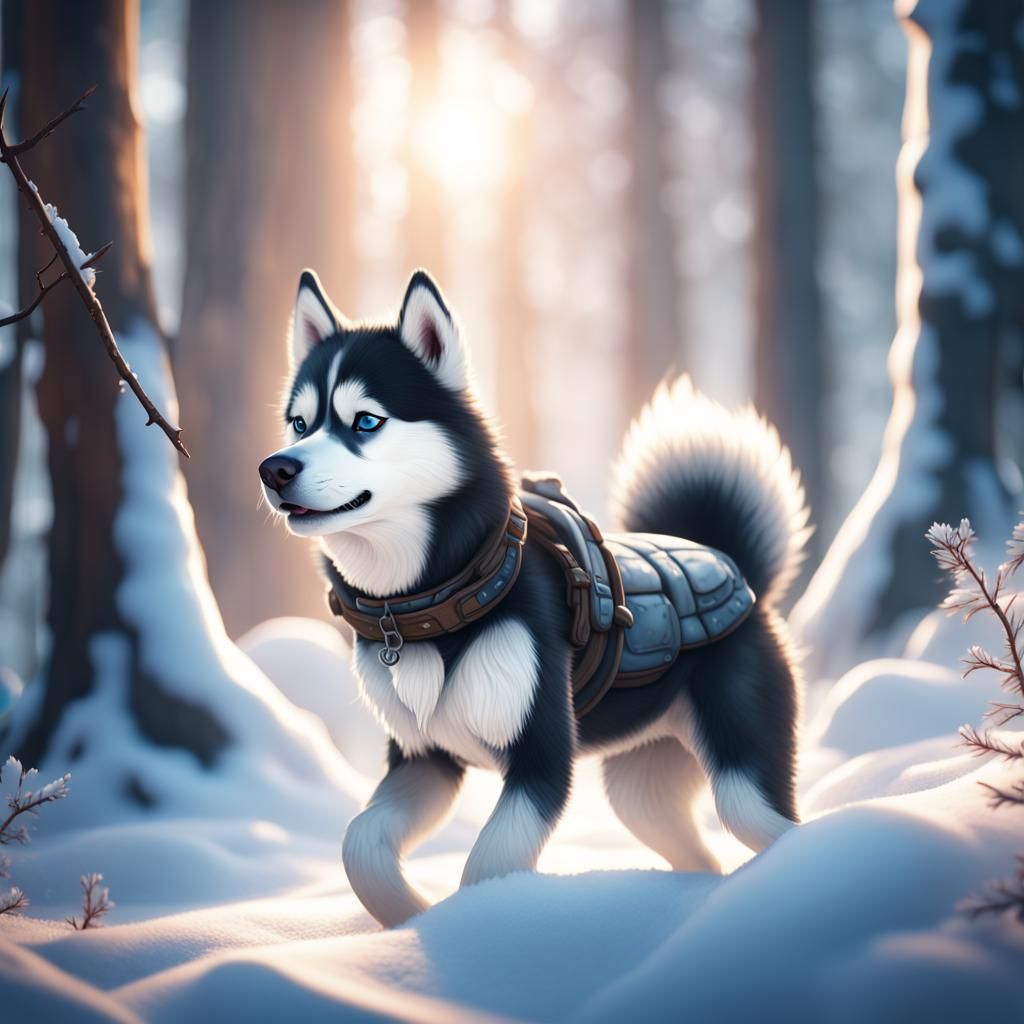 Adorable Husky Playing in Snowy Forest, Detailed Matte Paint...