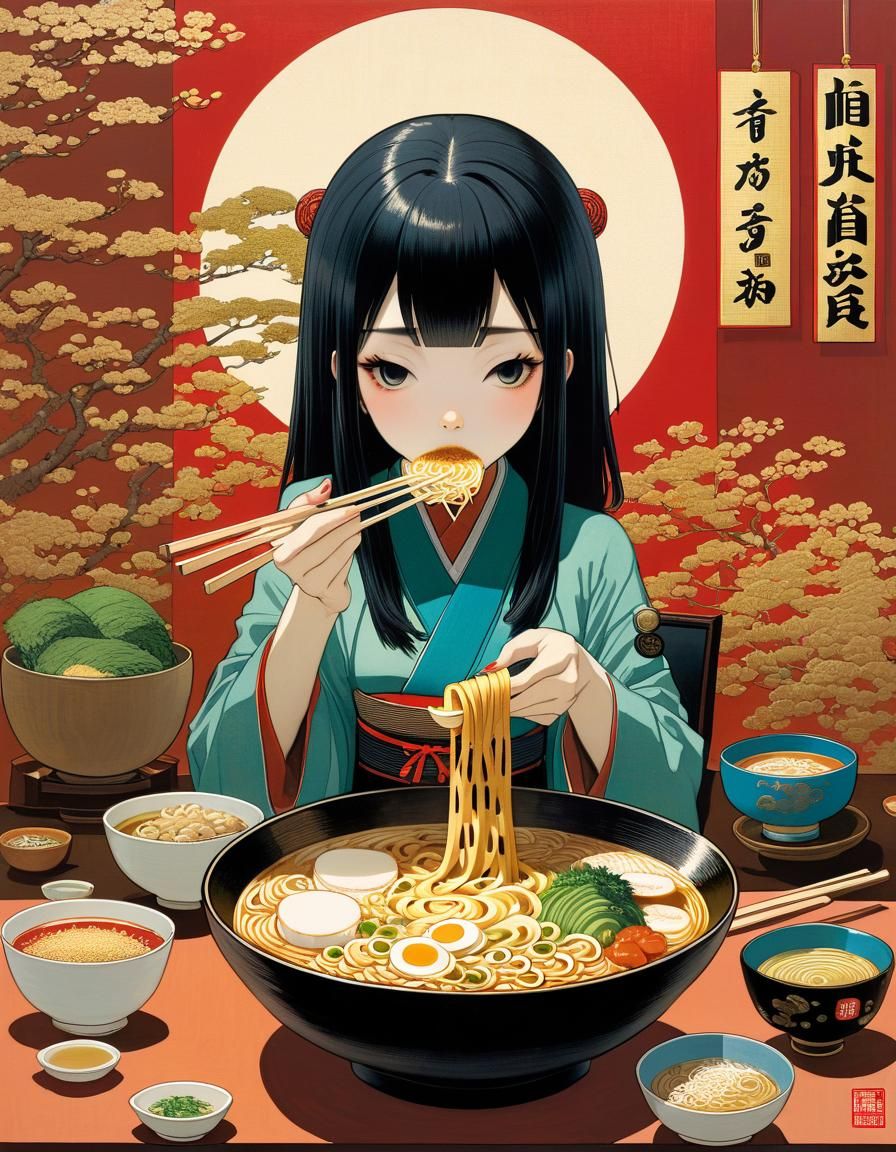 Girl Eating Ramen in Manga Art Style