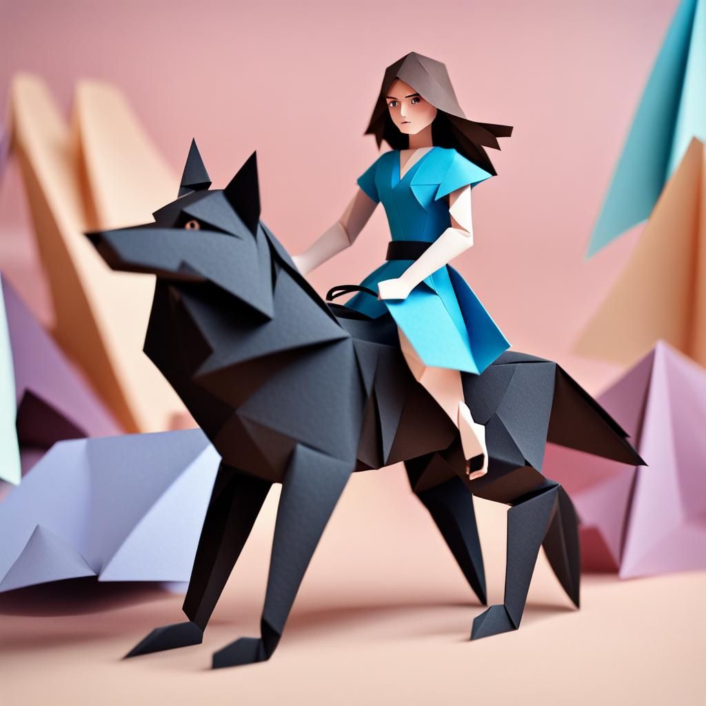 Girl Rides Black Wolf: Origami Papercraft Style