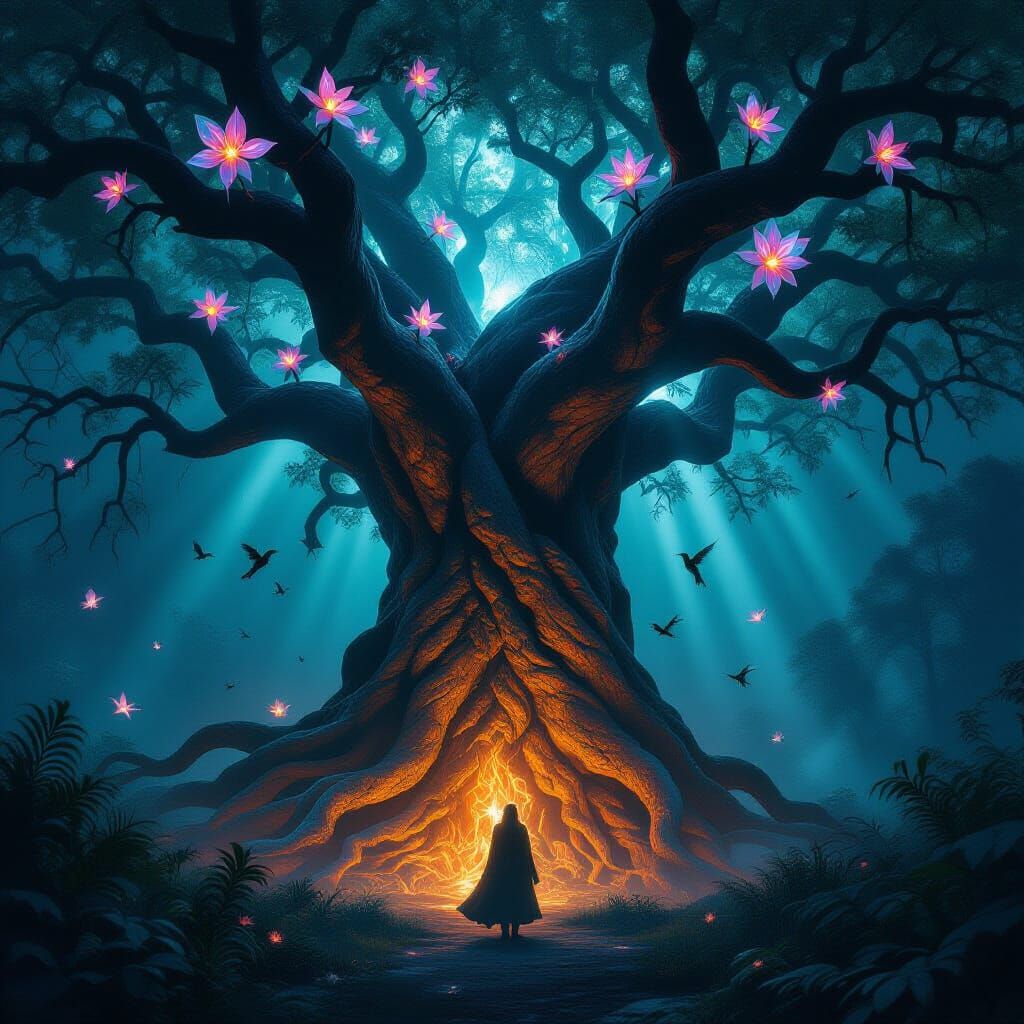 Ancient Obsidian Tree With Bioluminescent Roots in Twilight ...