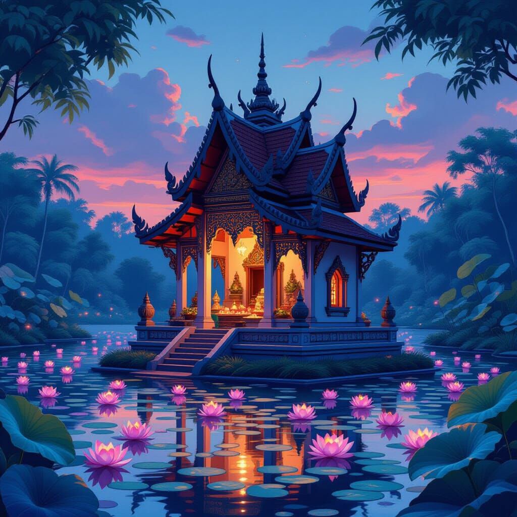 Thai Spirit House in Lotus Pond Watercolor