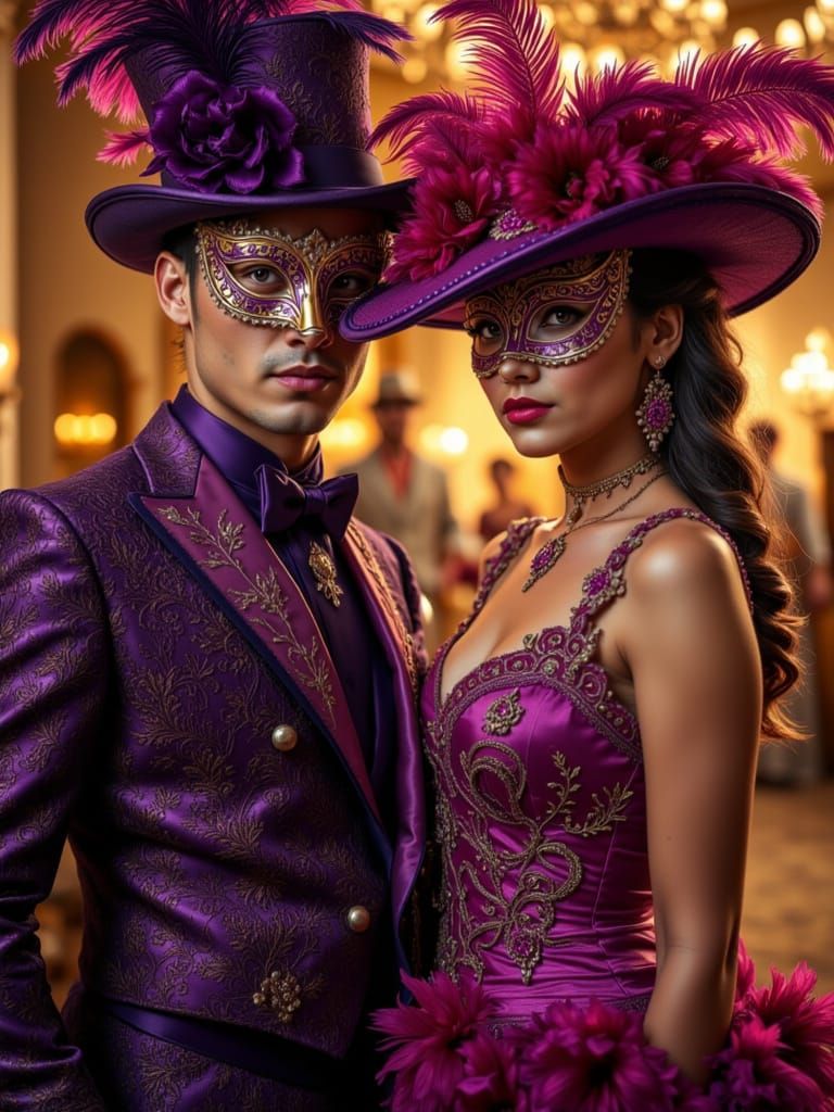 Couple in Epic Masquerade Attire Ready to Party
