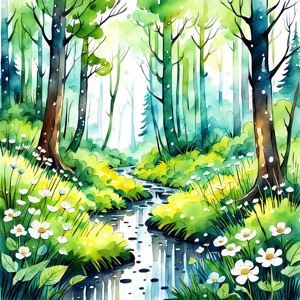 Blooming Forest After Rain: Digital Watercolor Sketch