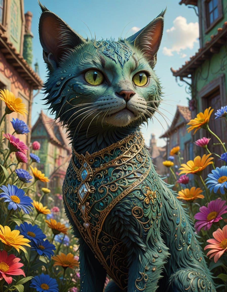 Whimsical Green Creature Among Cats and Flowers in Fantasy A...
