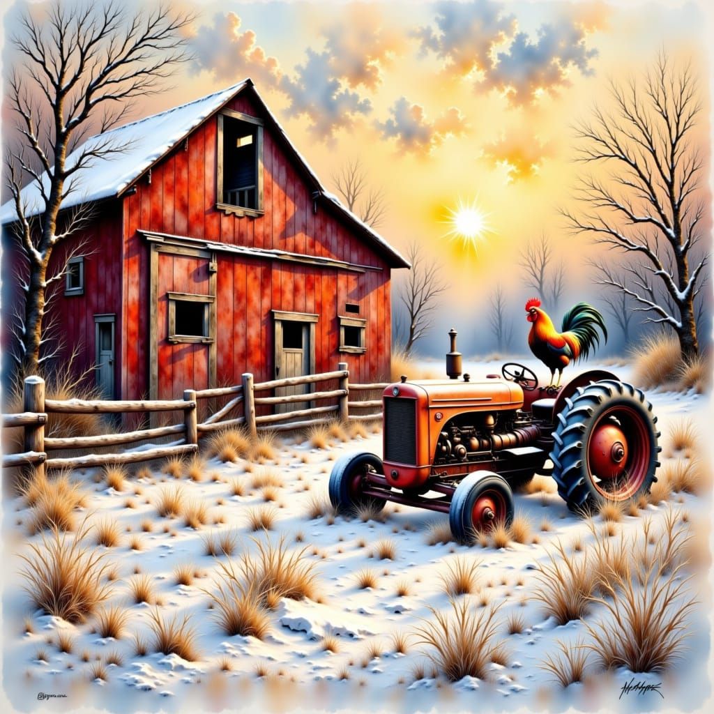 <lora:Mixing It Up:1.0> weathered red barn old farm tractor rooster on a wooden fence on a frosty morning in winter Impa...