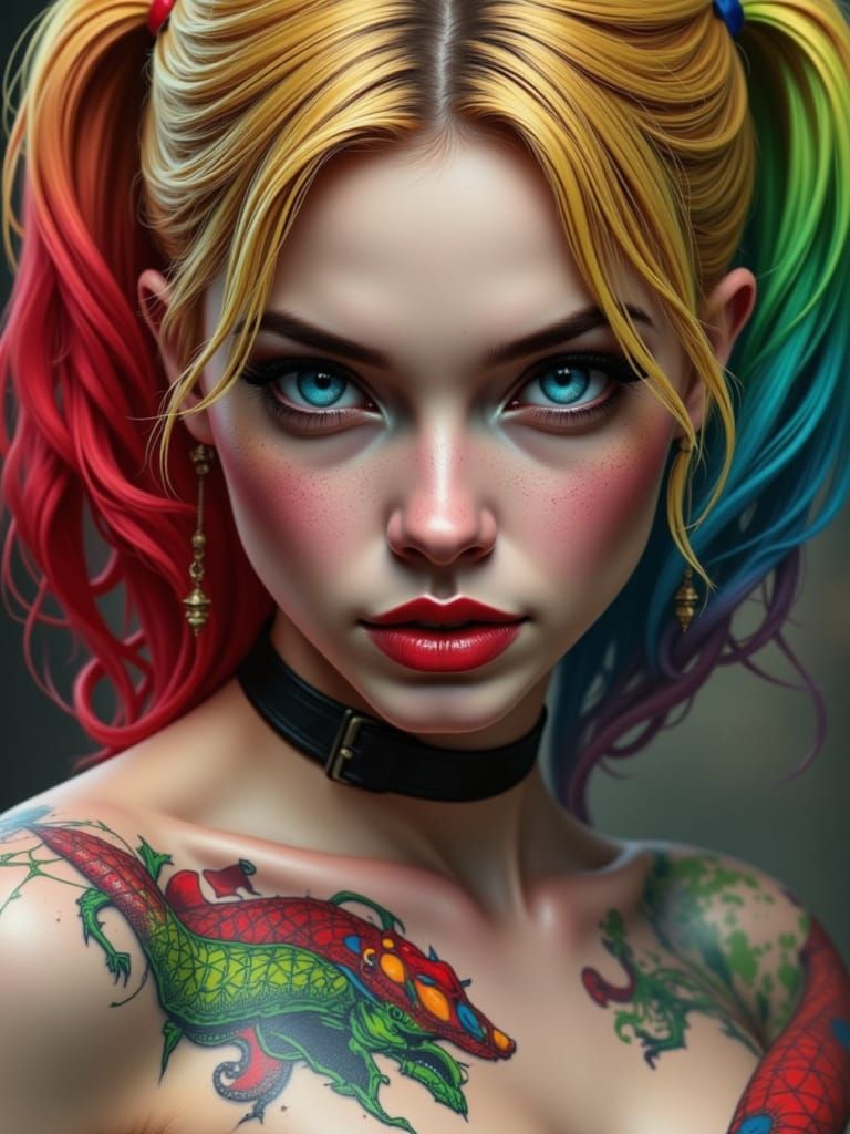 Harley Quinn with Dragon Tattoo in Klimt Pop-Art Style