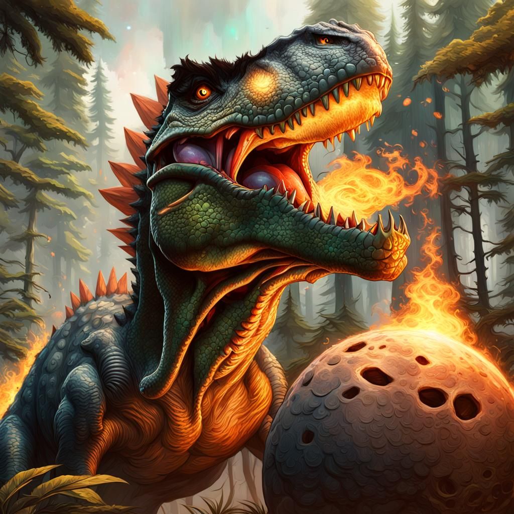 A young dinosaur coming out from Dinosaur egg spreading fire...