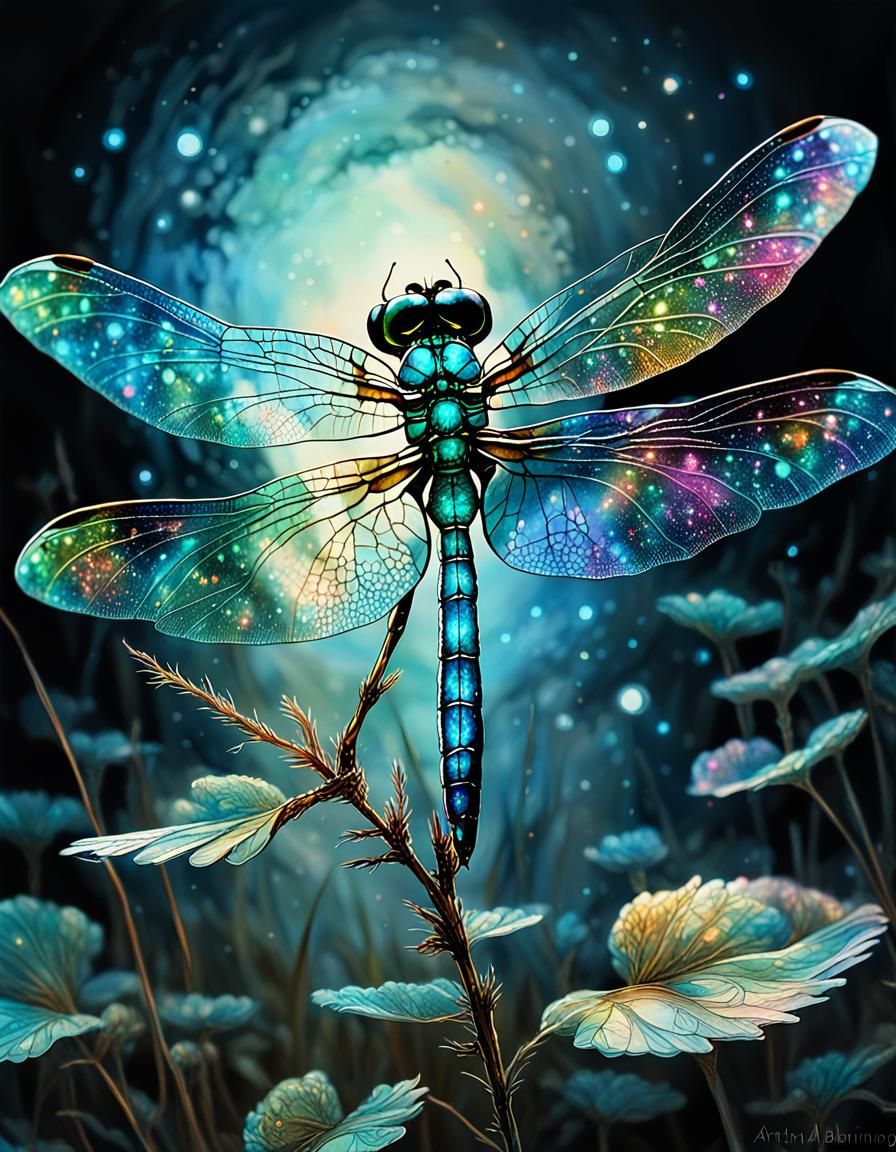 Bioluminescent Dragonfly Sticker in Hyperdetailed Style