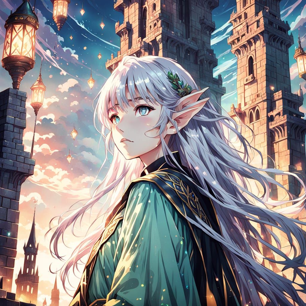 Anime Elf Maiden Watching from Tower Top