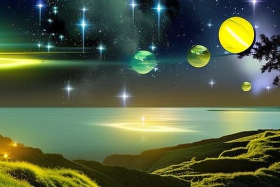 Dreamy Fantasy Landscape with Fairies and Lights