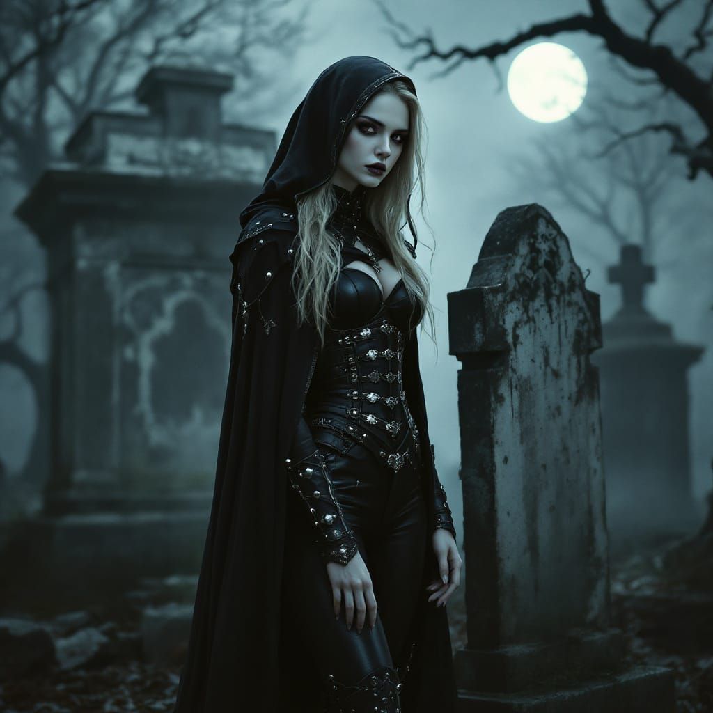 Gothic Woman in Misty Cemetery: Digital Painting
