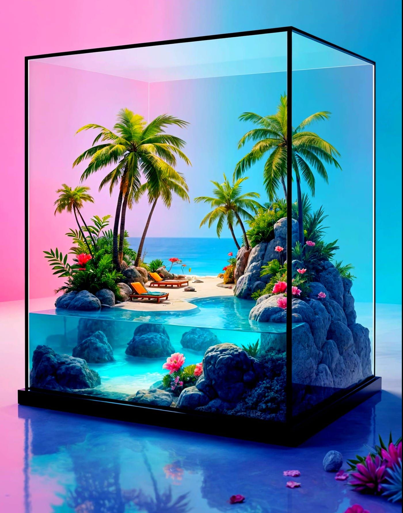 Futuristic Tropical Paradise in Black Glass Case