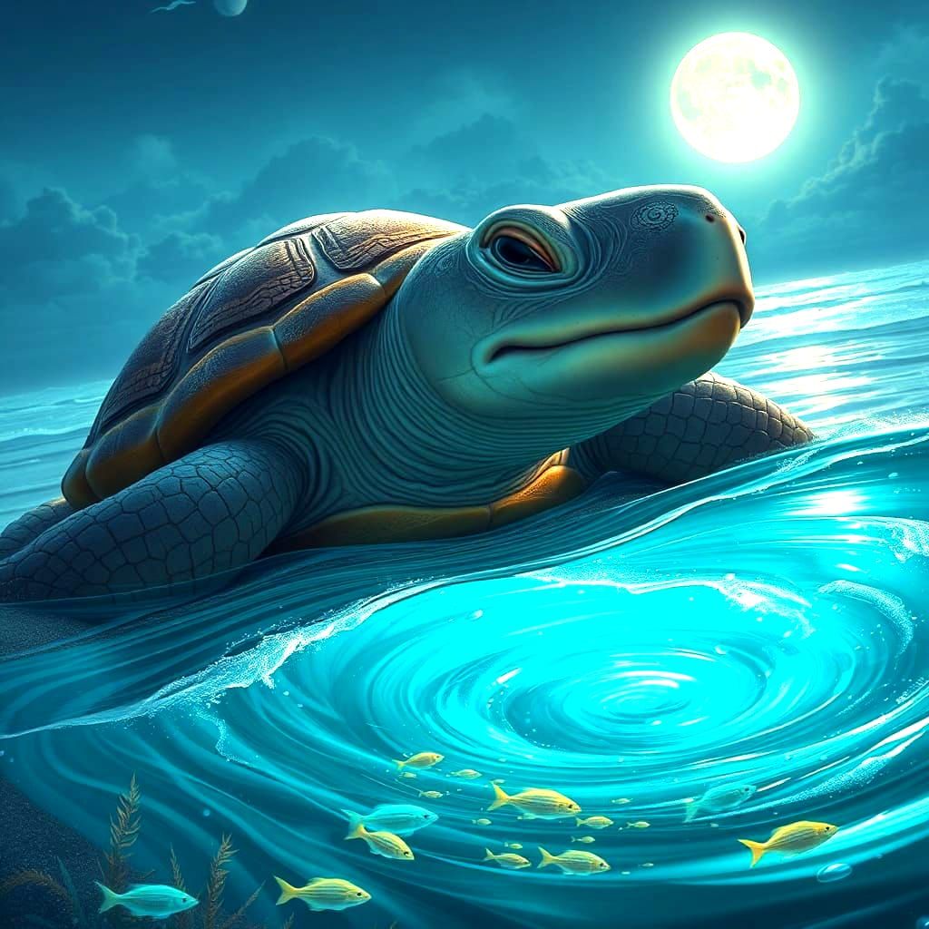 Beach Tortoise Gazing at Moon, Detailed Matte Painting