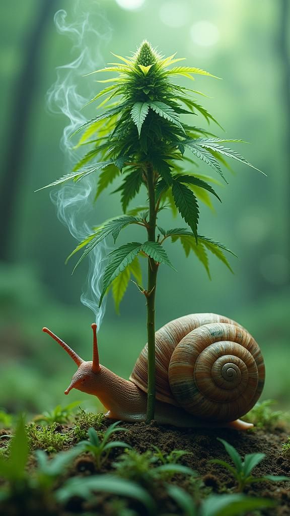 Snail Smokes at Marijuana Tree, Psychedelic Art