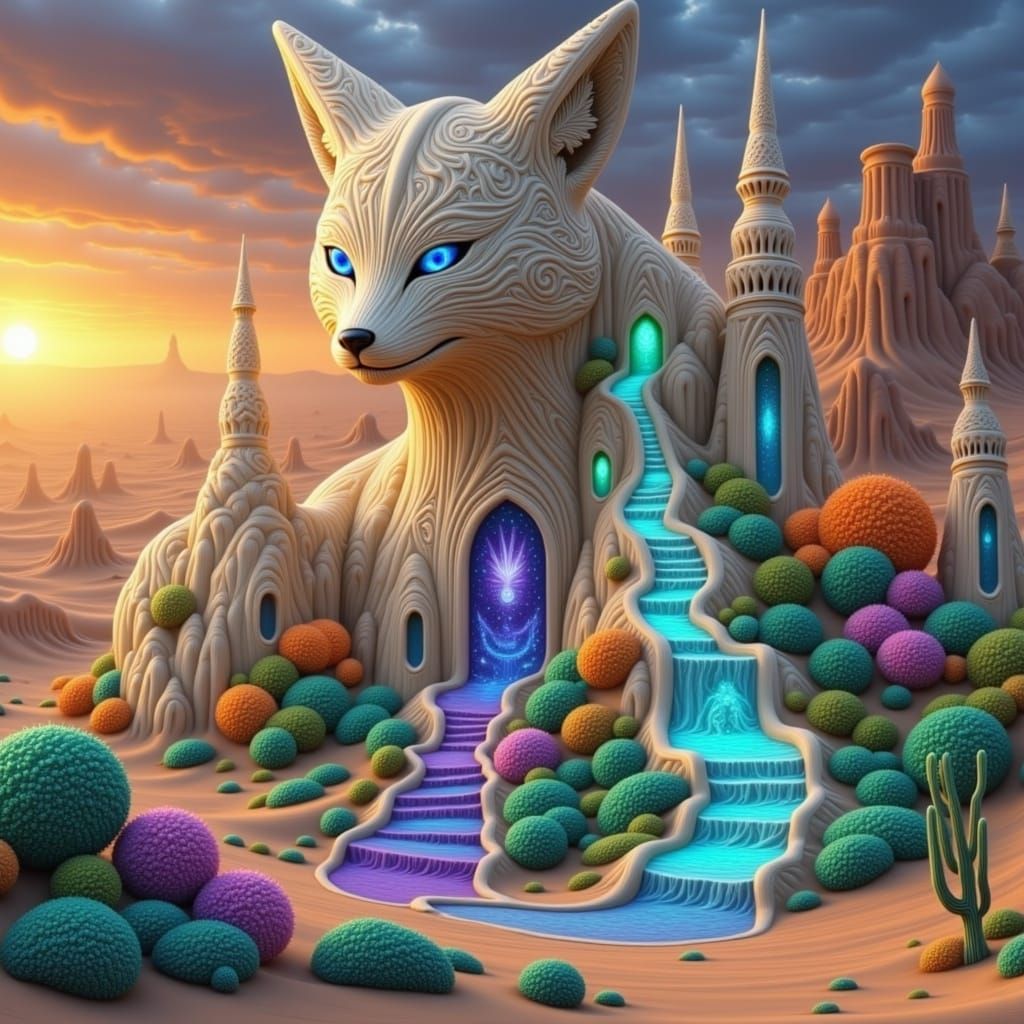 Ethereal Desert Fox Castle in Cyberpunk Art Nouveau Style