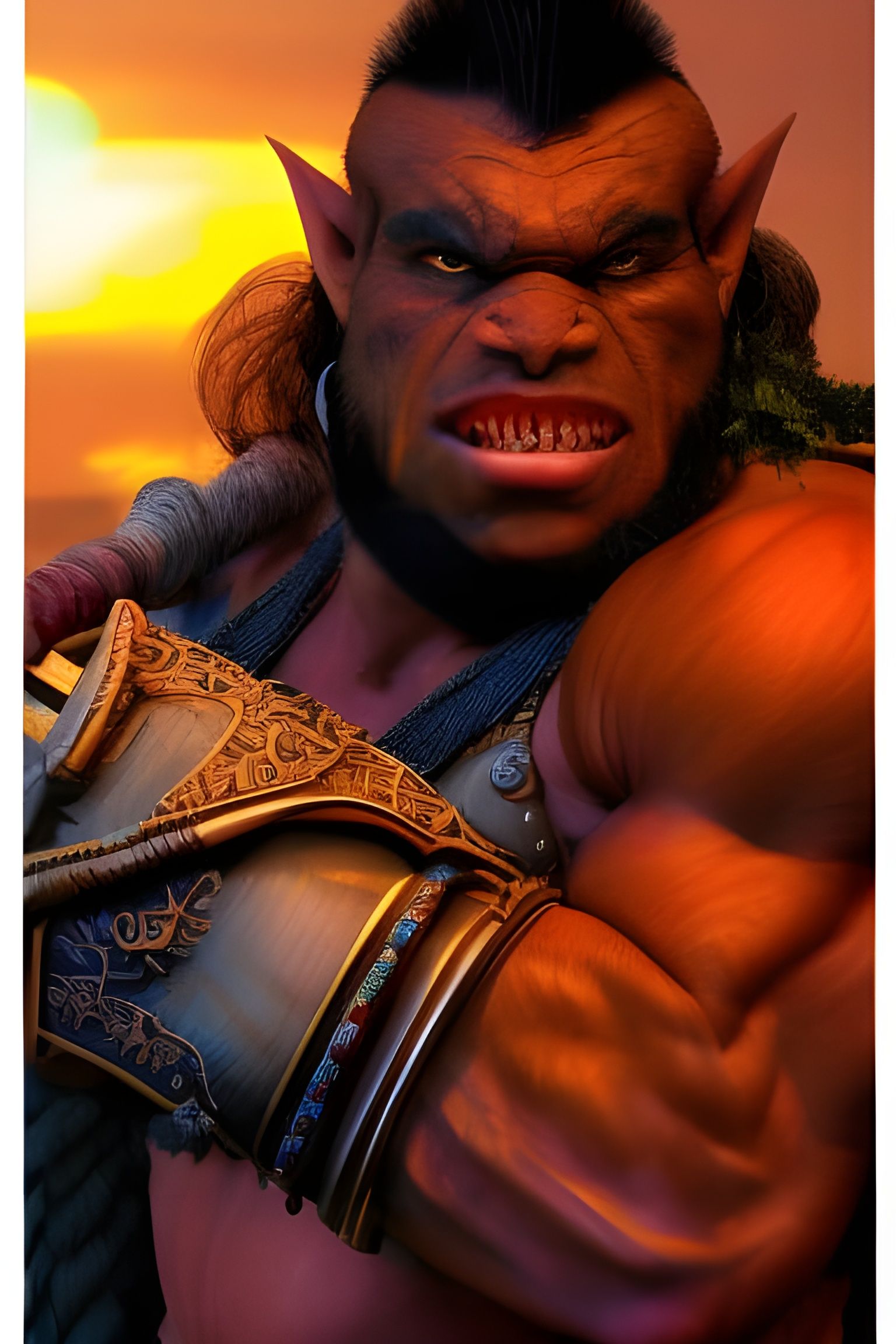 Half-Orc Barbarian Portrait at Sunset