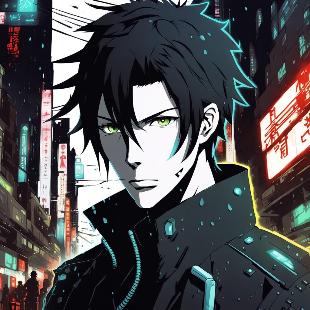 anime guy with black hair in dark  Japanese cyberpunk 'Psycho-Pass' style, with a sword in a rainy city with neon