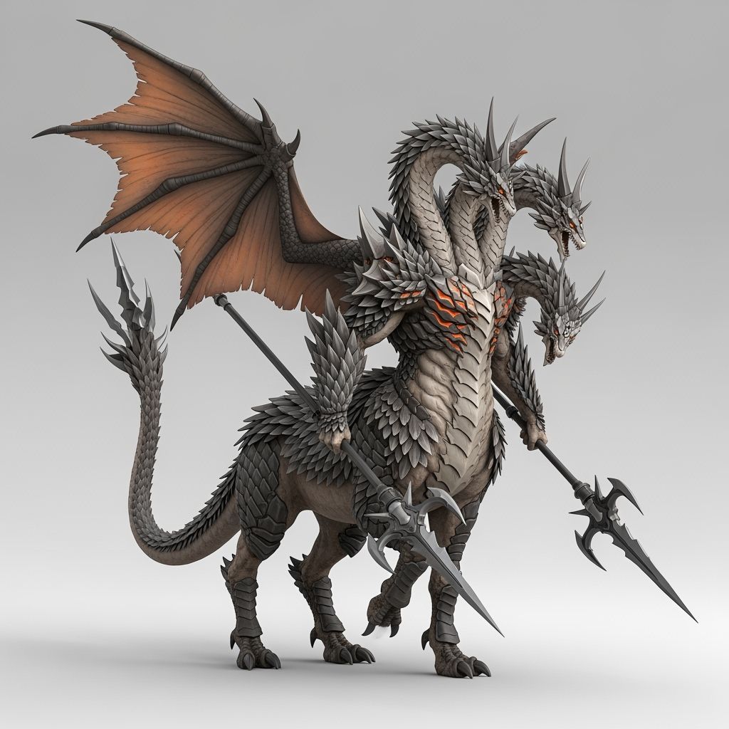 Colossal Three-Headed Daikaiju in 3D Anime Style