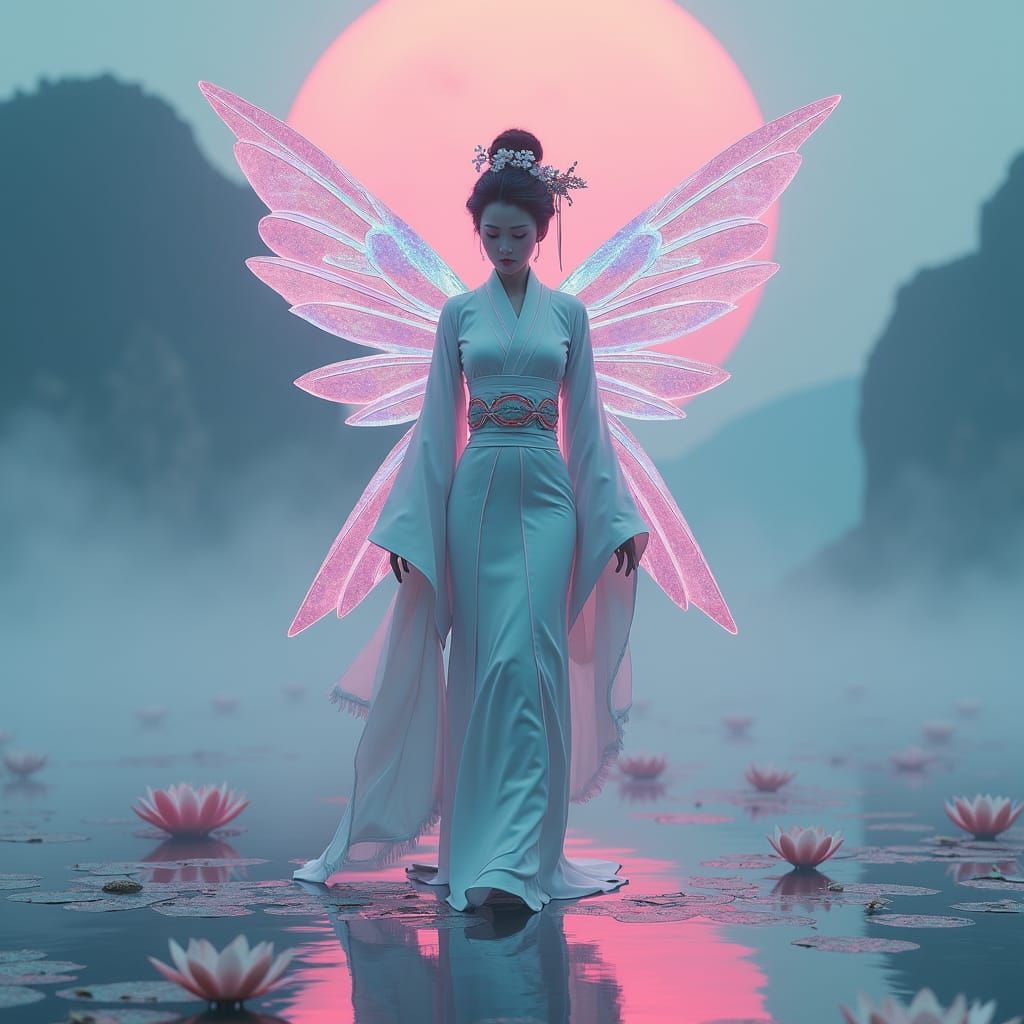 Cybernetic Geisha with Fairy Wings in Dreamlike Landscape