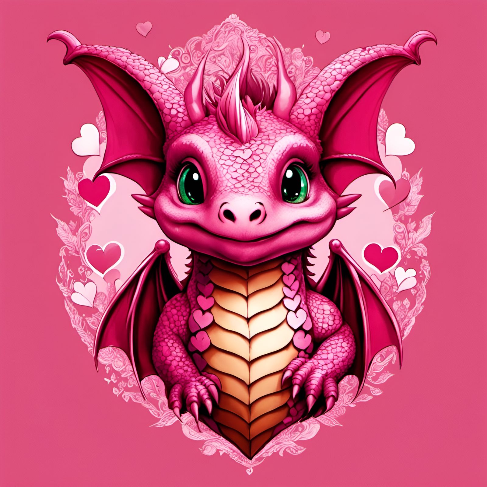Adorable Dragon Surrounded by Hearts in Digital Style