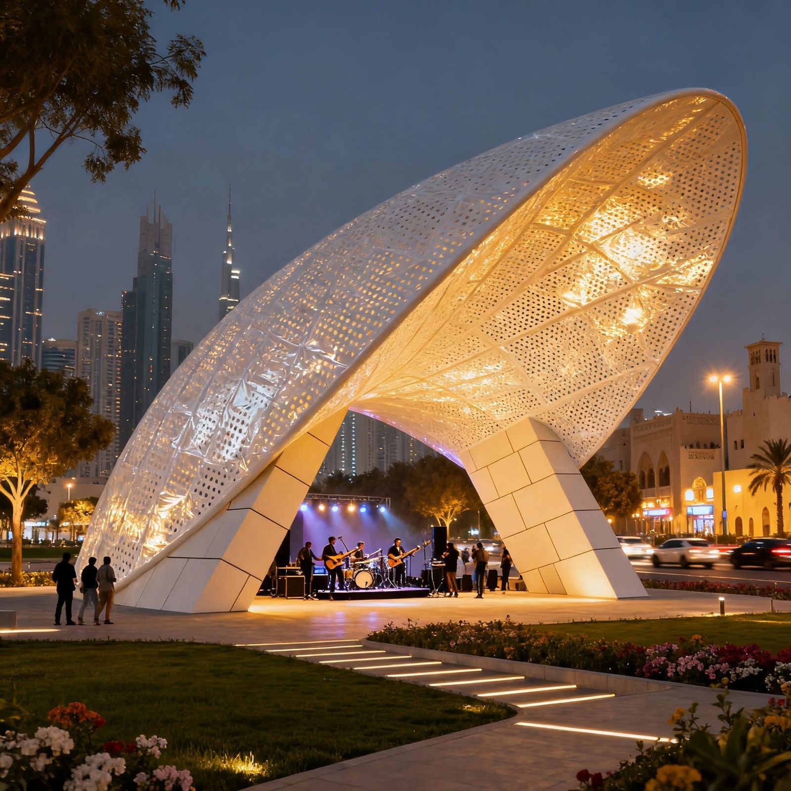 Futuristic Shell Roof Overlooking Dubai with Musicians
