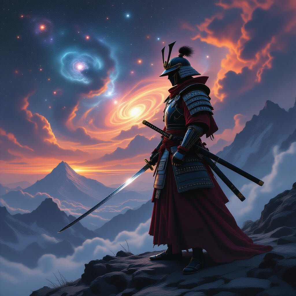 Samurai Warrior Under Cosmic Sky in Hyperrealistic Style