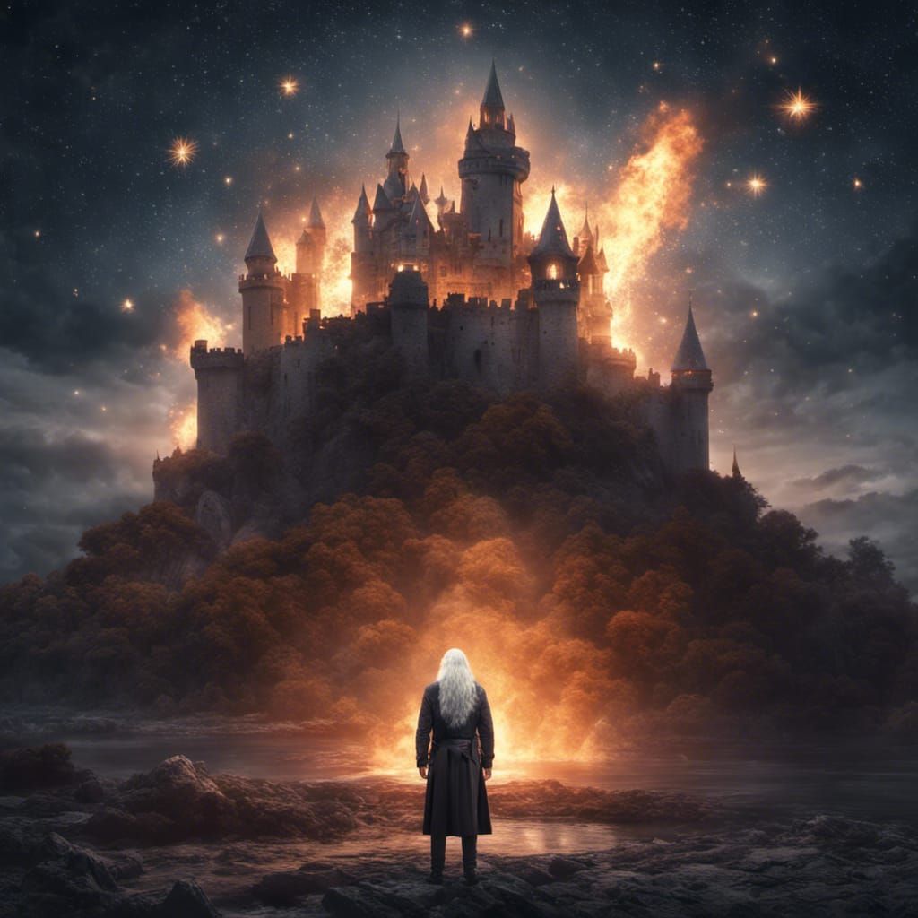 Epic Man Stands Before Burning Castle