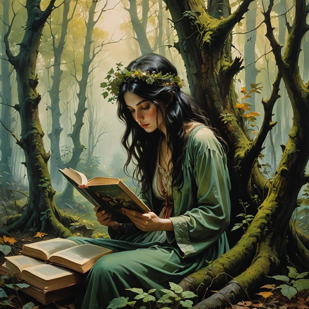 Lady Reading in Woodland, Renaissance Style