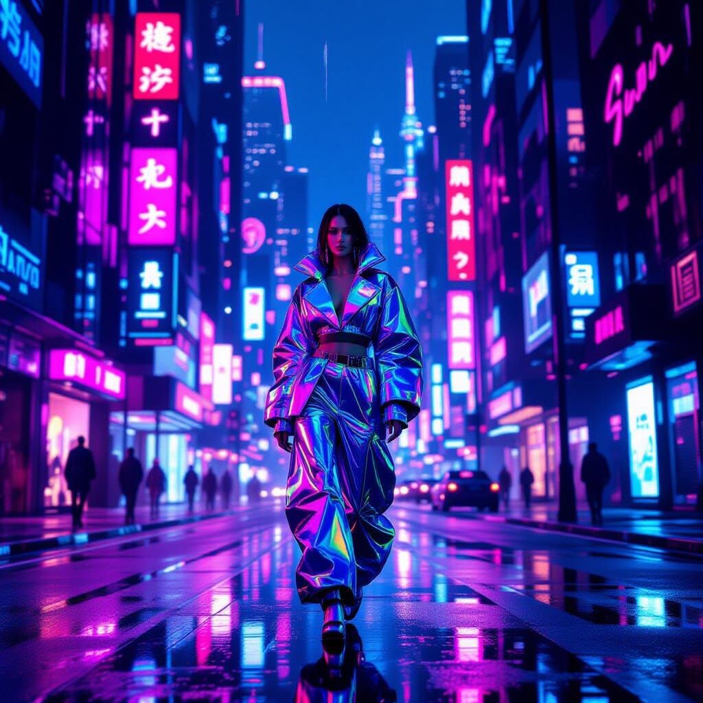 Cyberpunk Fashion Model on Neon City Street