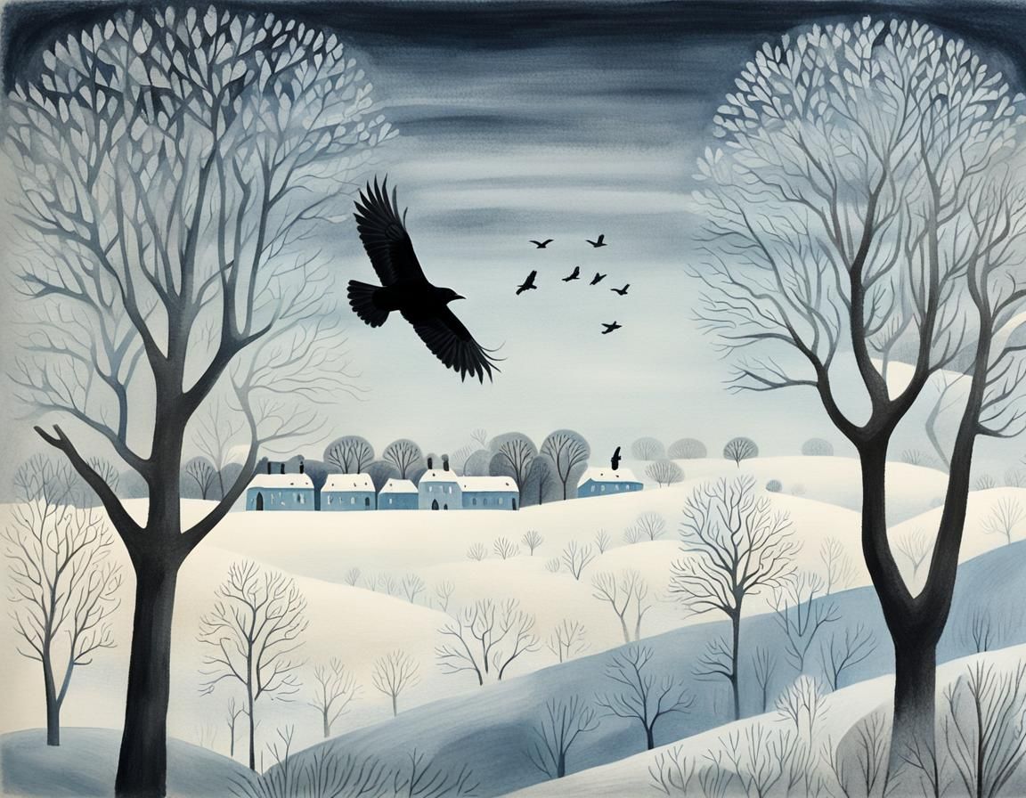 Crow Flies Over Winter Landscape in Gouache Style