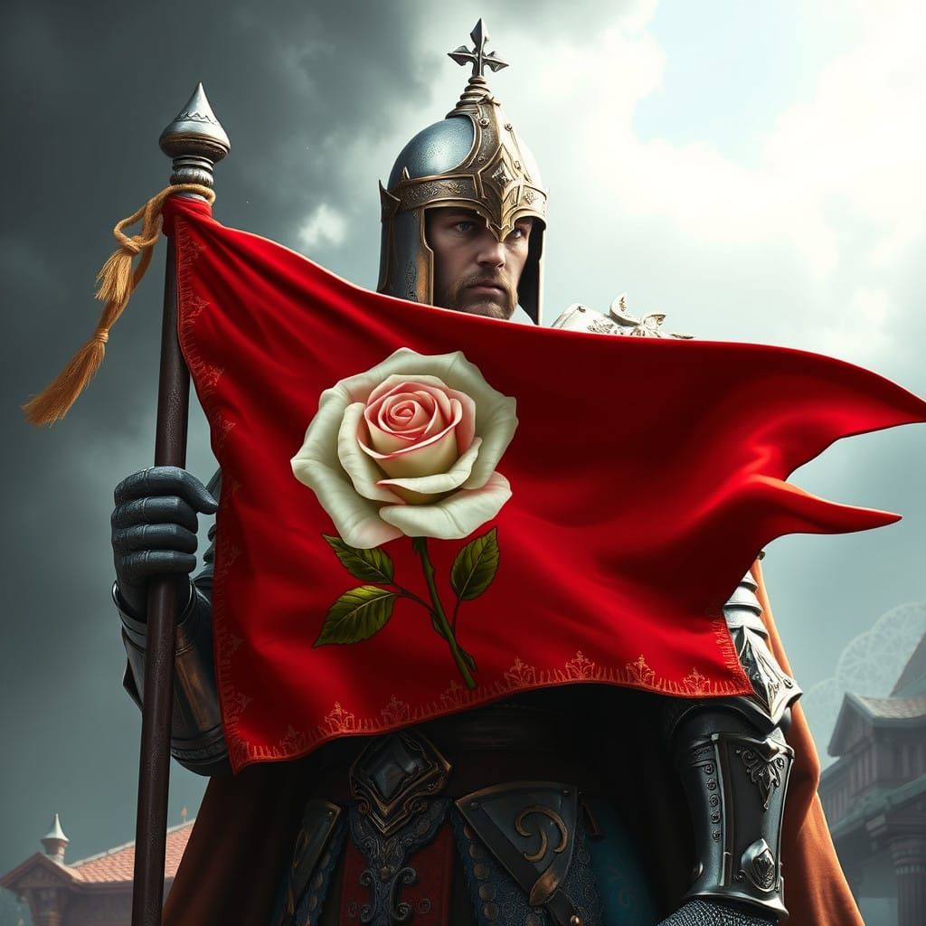 Yorkist Knight Holds White Rose Banner in Epic Fantasy Art