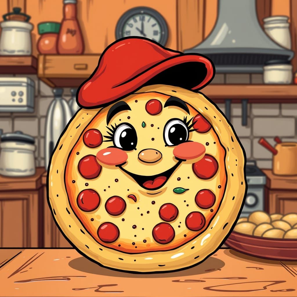 Cheerful Pizza Character in Italian Kitchen Setting