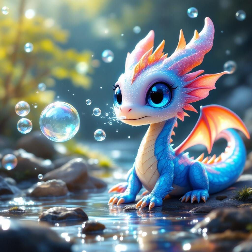 Chibi Opal Dragon Blowing Bubbles, Oil Realism