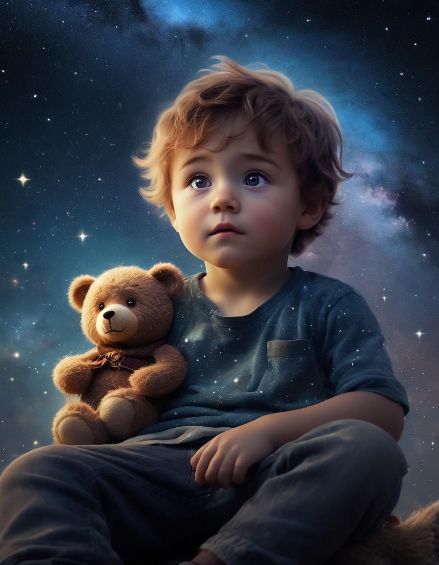 Child Gazing at Starry Sky in Van Gogh Style