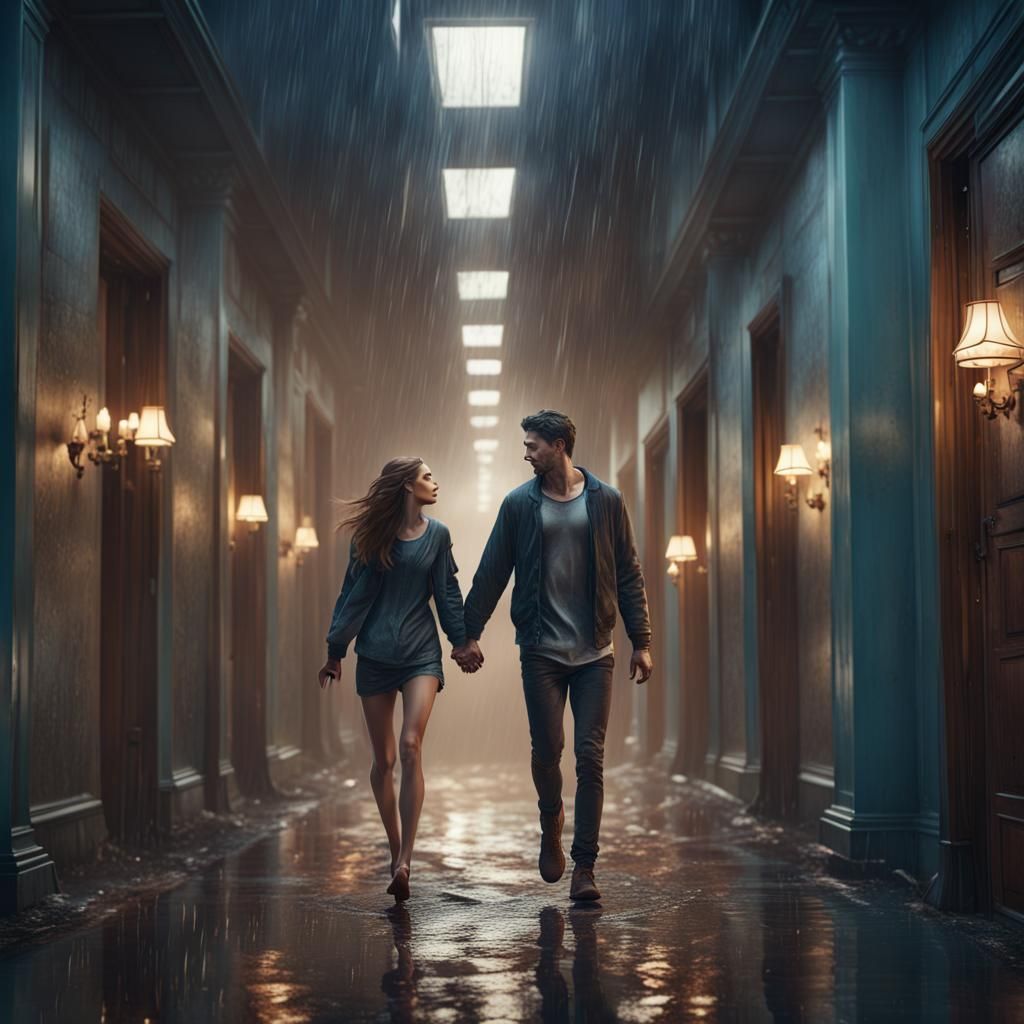 Man and Girlfriend Running in Rainy Hotel Corridor