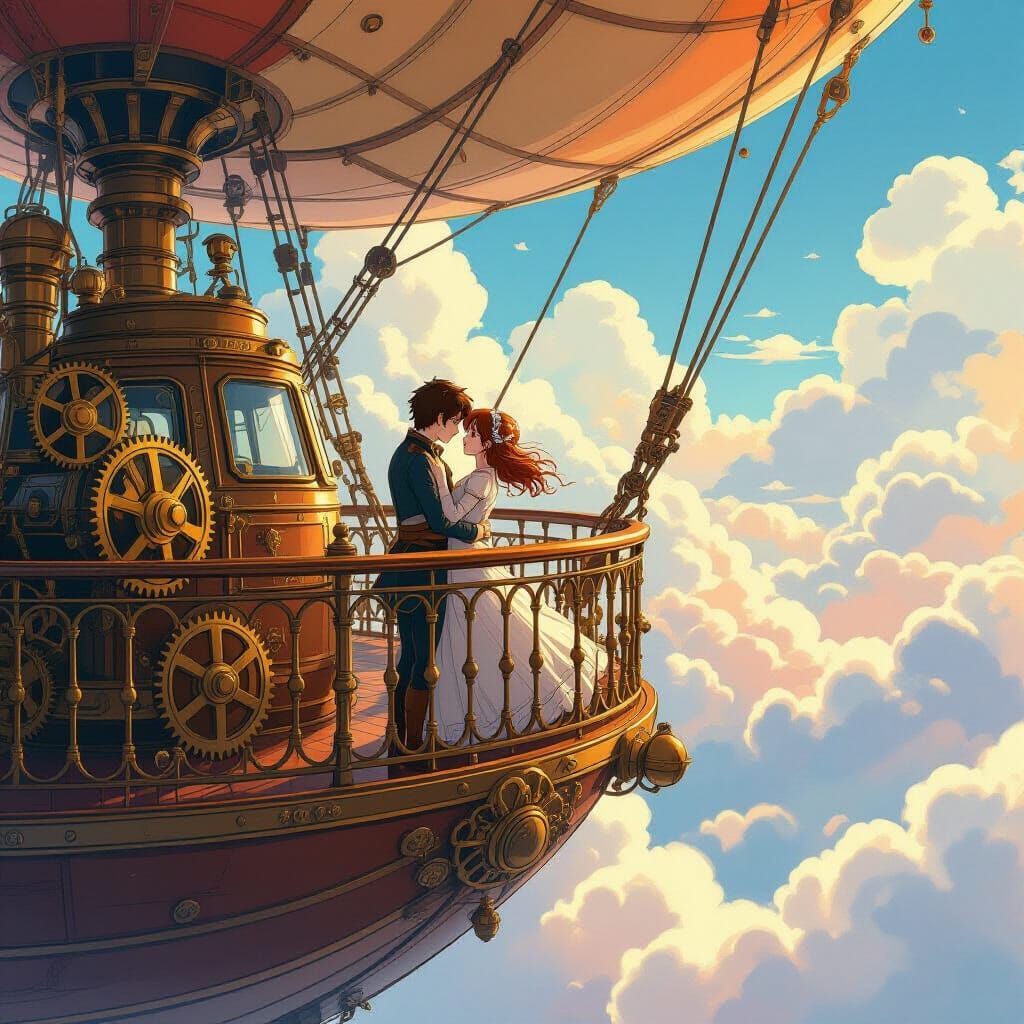 Steampunk Airship Romance in Anime Style