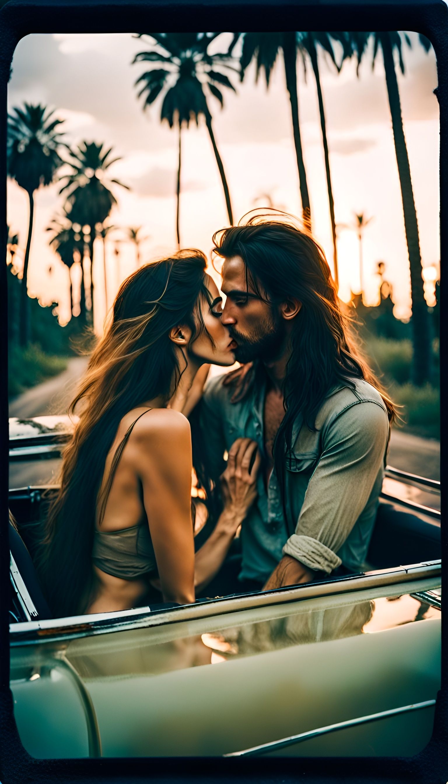 Passionate Kiss in Vintage Car at Twilight