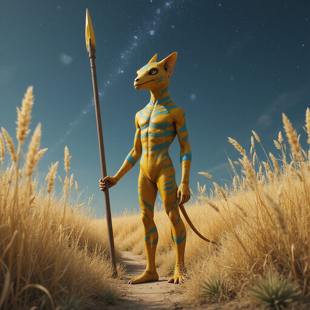 Alien with Spear in Meteor Shower