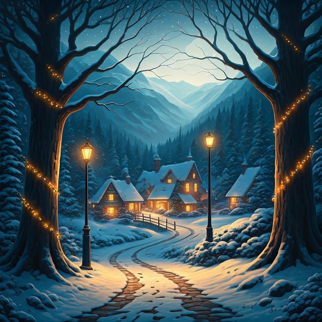 Enchanted Village in Winter, Dreamlike Fantasy Art