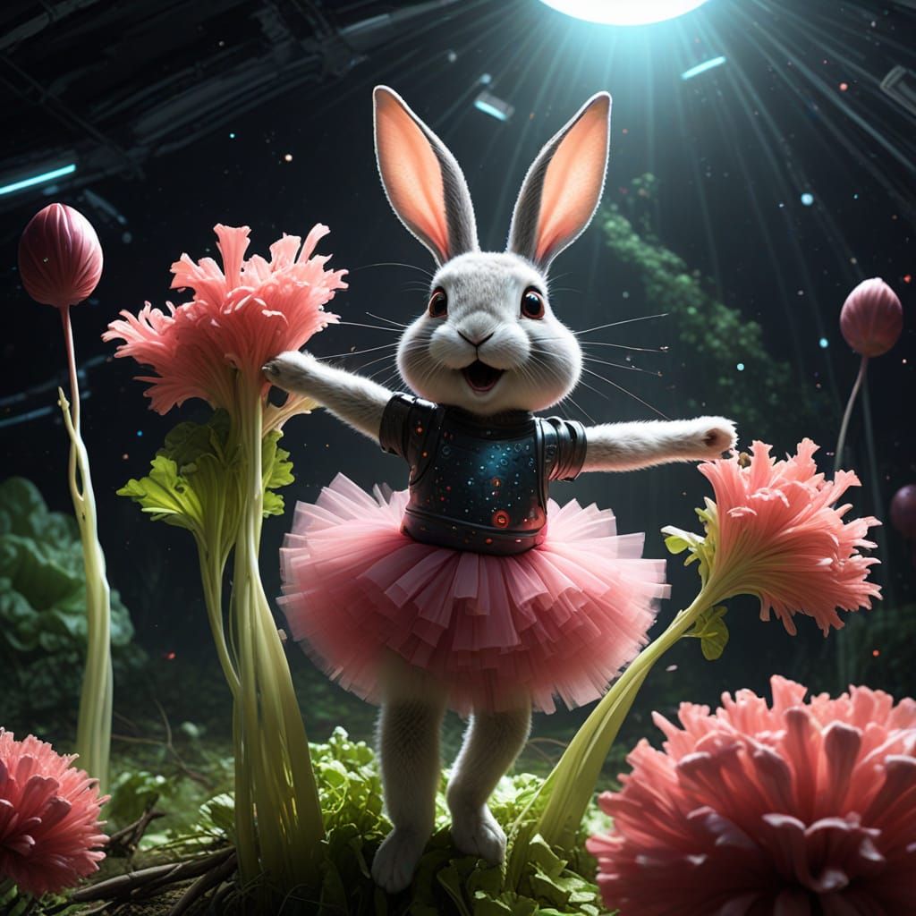 Surreal Sci-Fi Art: Rabbit Juggles Glowing Rhubarb in Zero-G