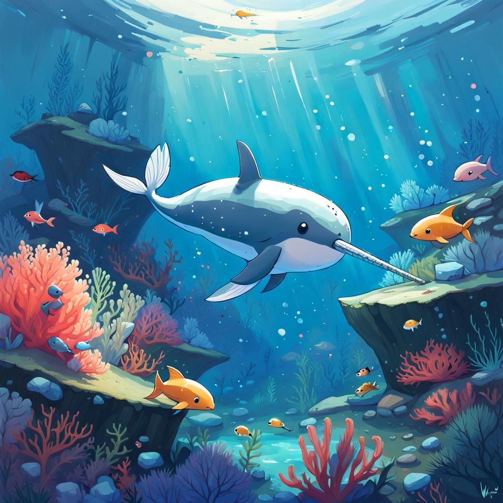 Cute Narwhal in Arctic Coral Reef as Gouache Painting