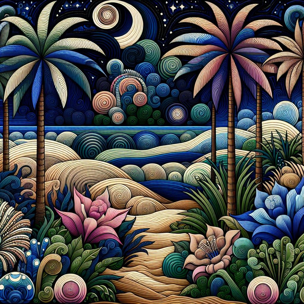 Art Nouveau Coastal Dreamscape at Night