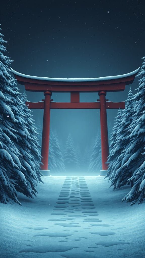 Majestic Tori Gate in Snowy Forest, Dark Dramatic Lighting
