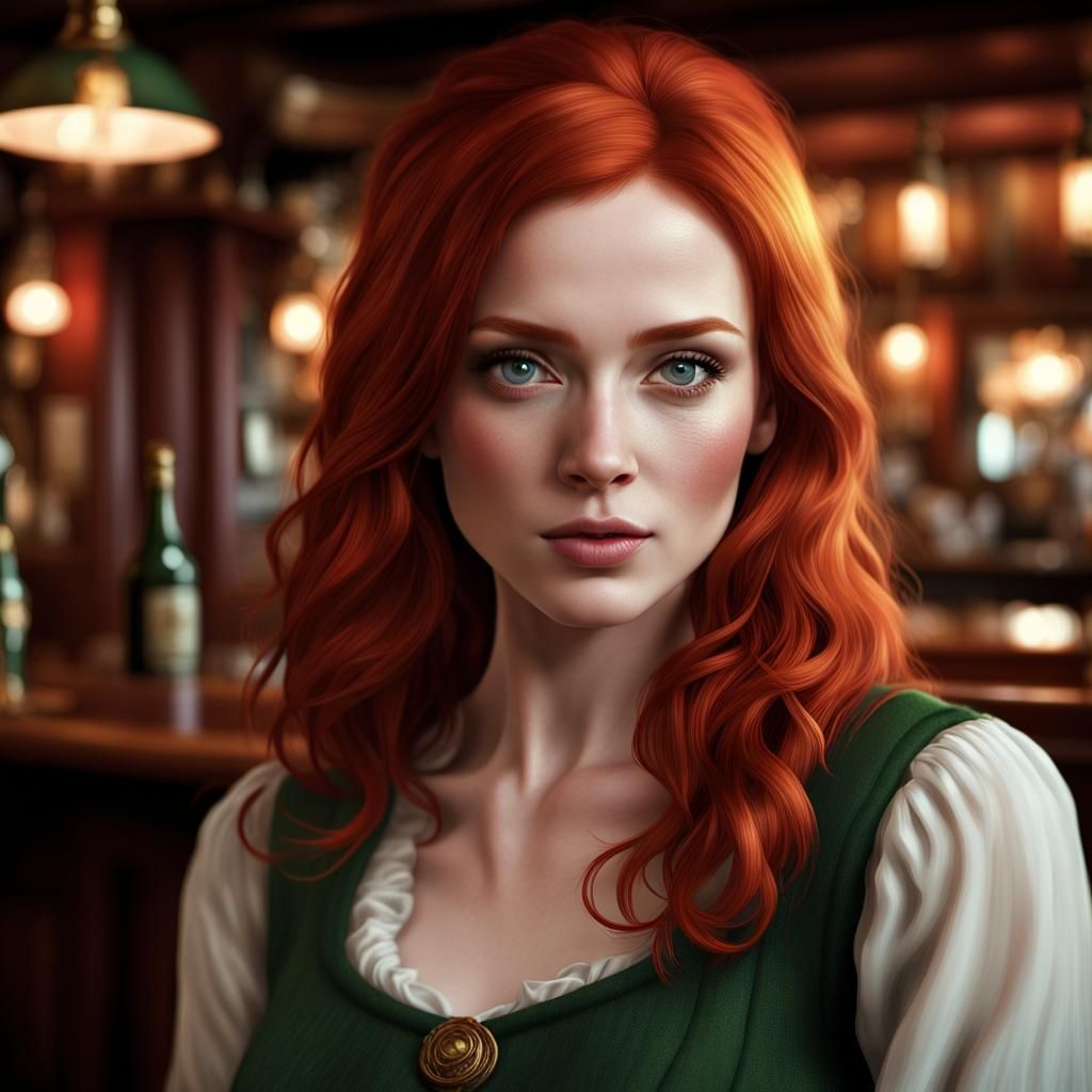 Beautiful Redhead Irish Woman Portrait in Pub