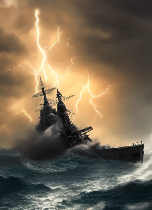 WW2 Battleship in Stormy Sea Digital Matte Painting