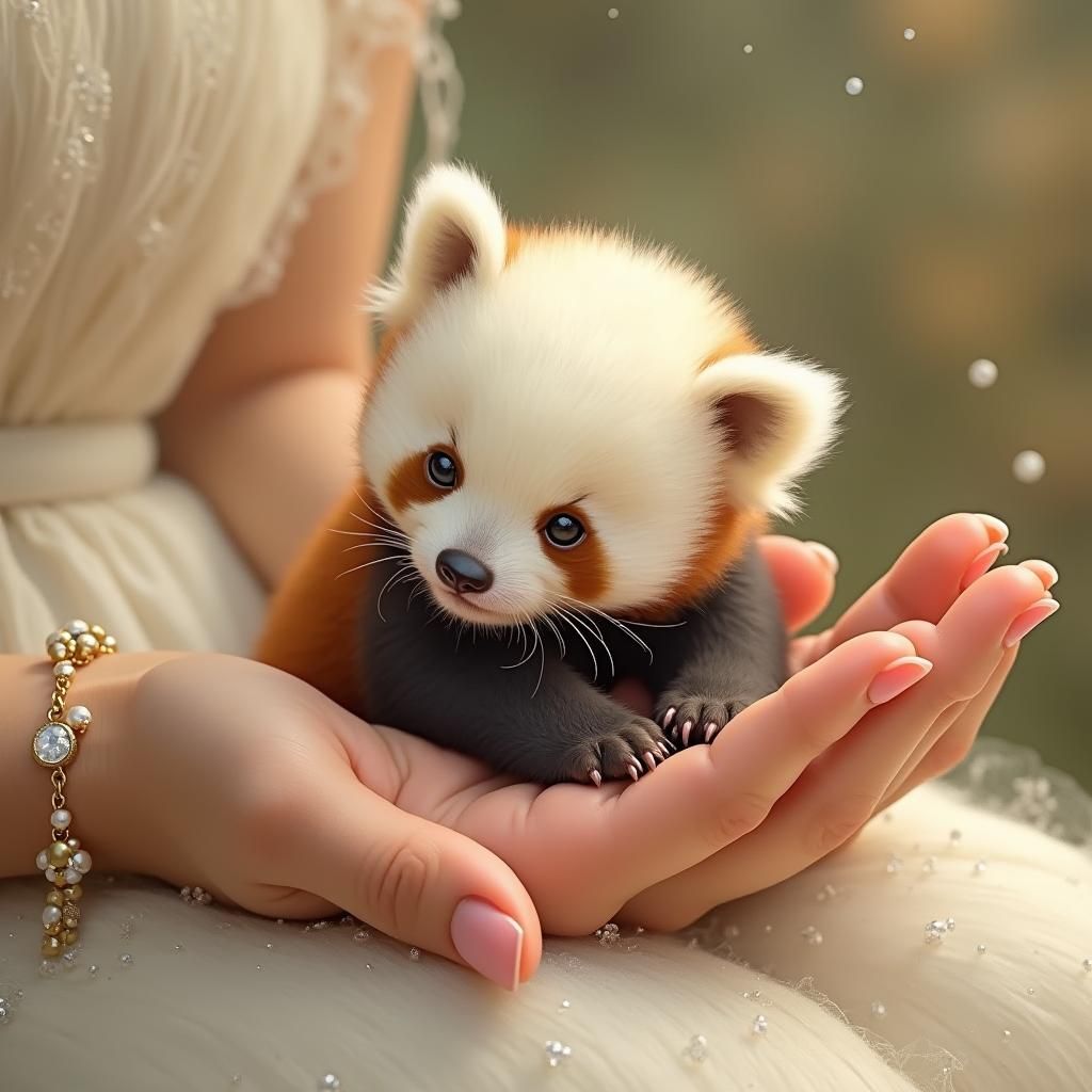 Newborn Panda on Woman's Hand in Watercolor Style