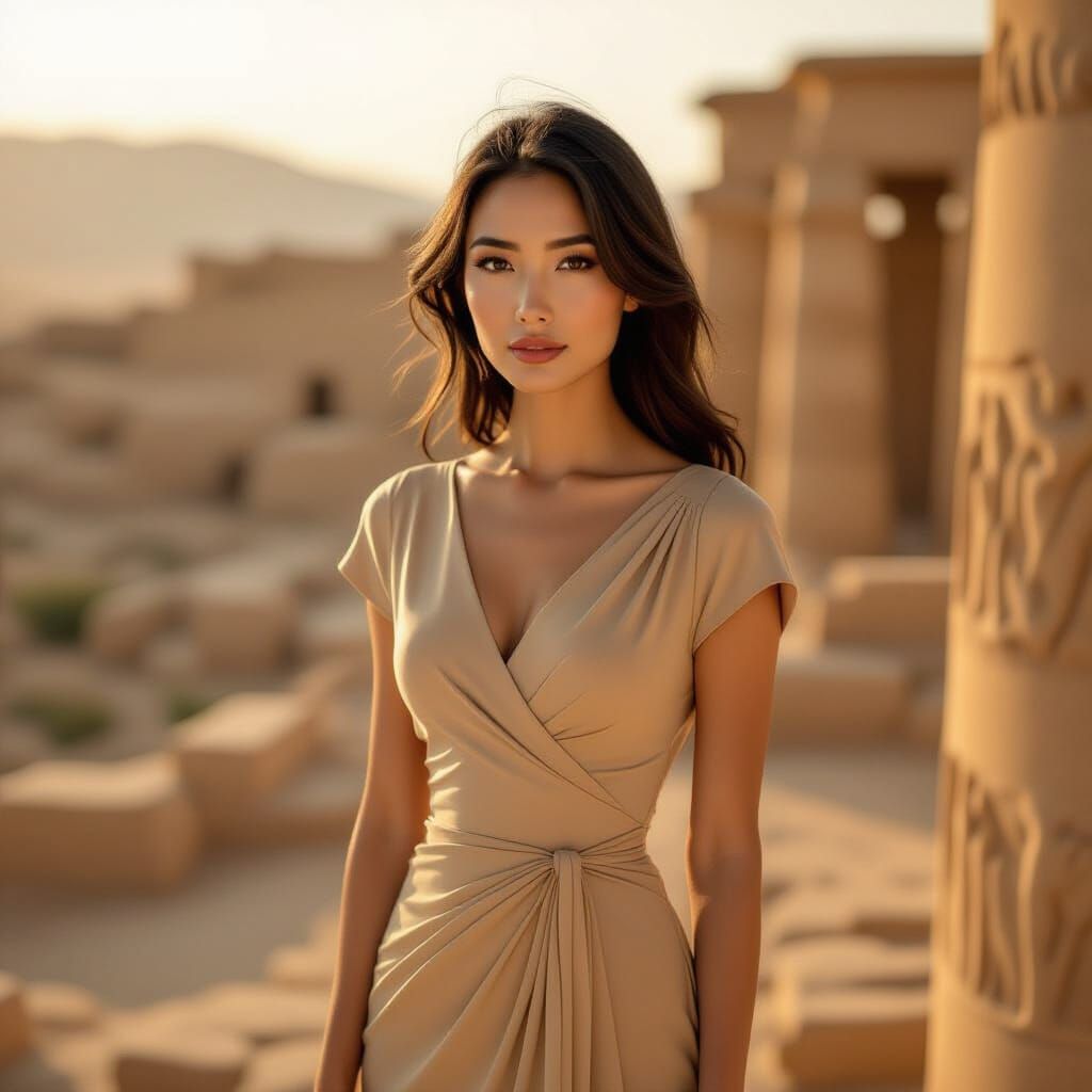 Elegant Woman Overlooks Ancient Egyptian Ruins at Golden Hou...