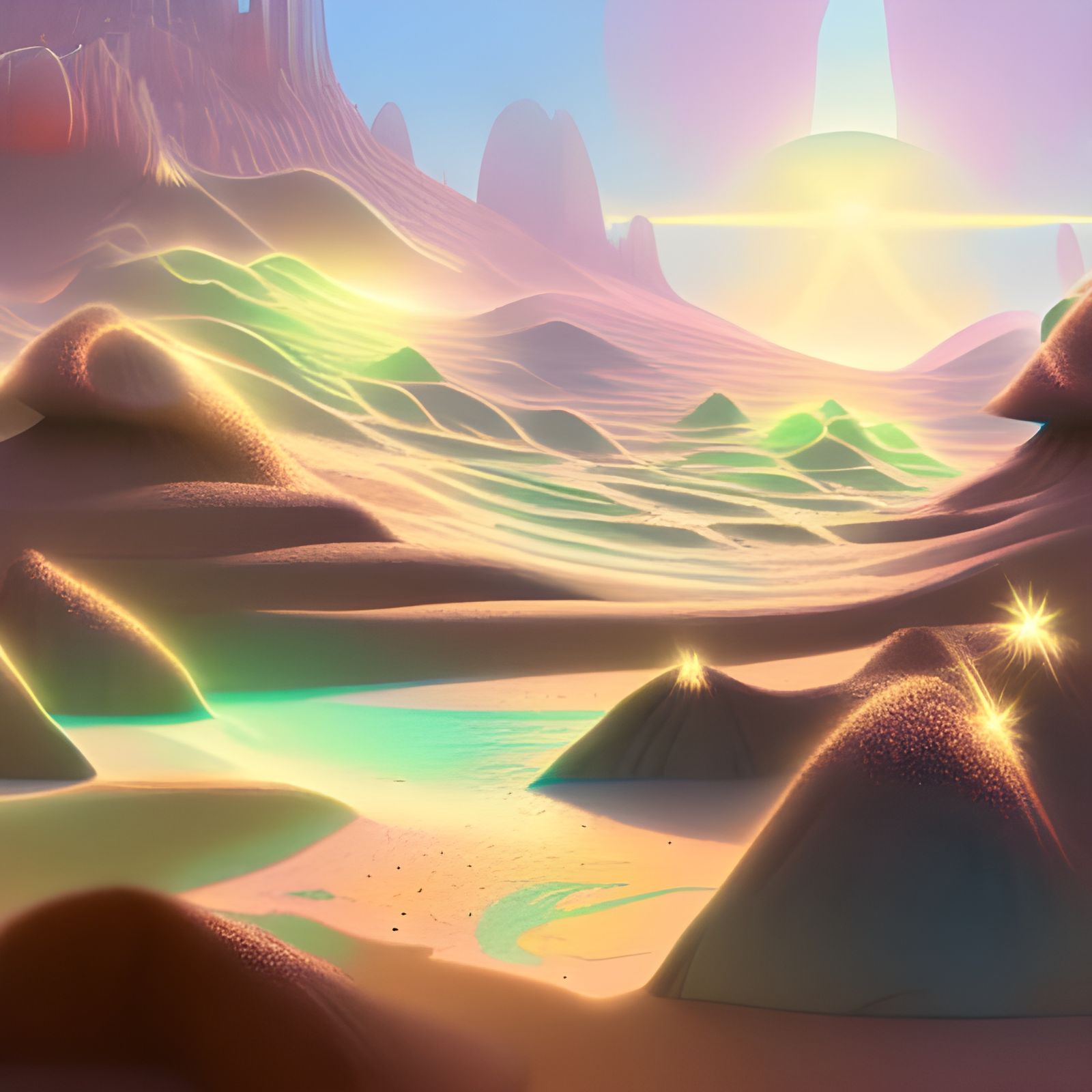 Pastel Alien Oasis with Sparkling Stars